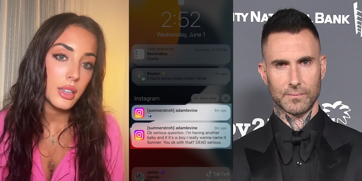 Sumner Stroh (l) Instagram notification from adamlevine that reads 'Ok serious question. I'm having another baby and if it's w boy I really wanna name it Sumner. You ok with that? DEAD serious.' (c) Adam Levine (r)