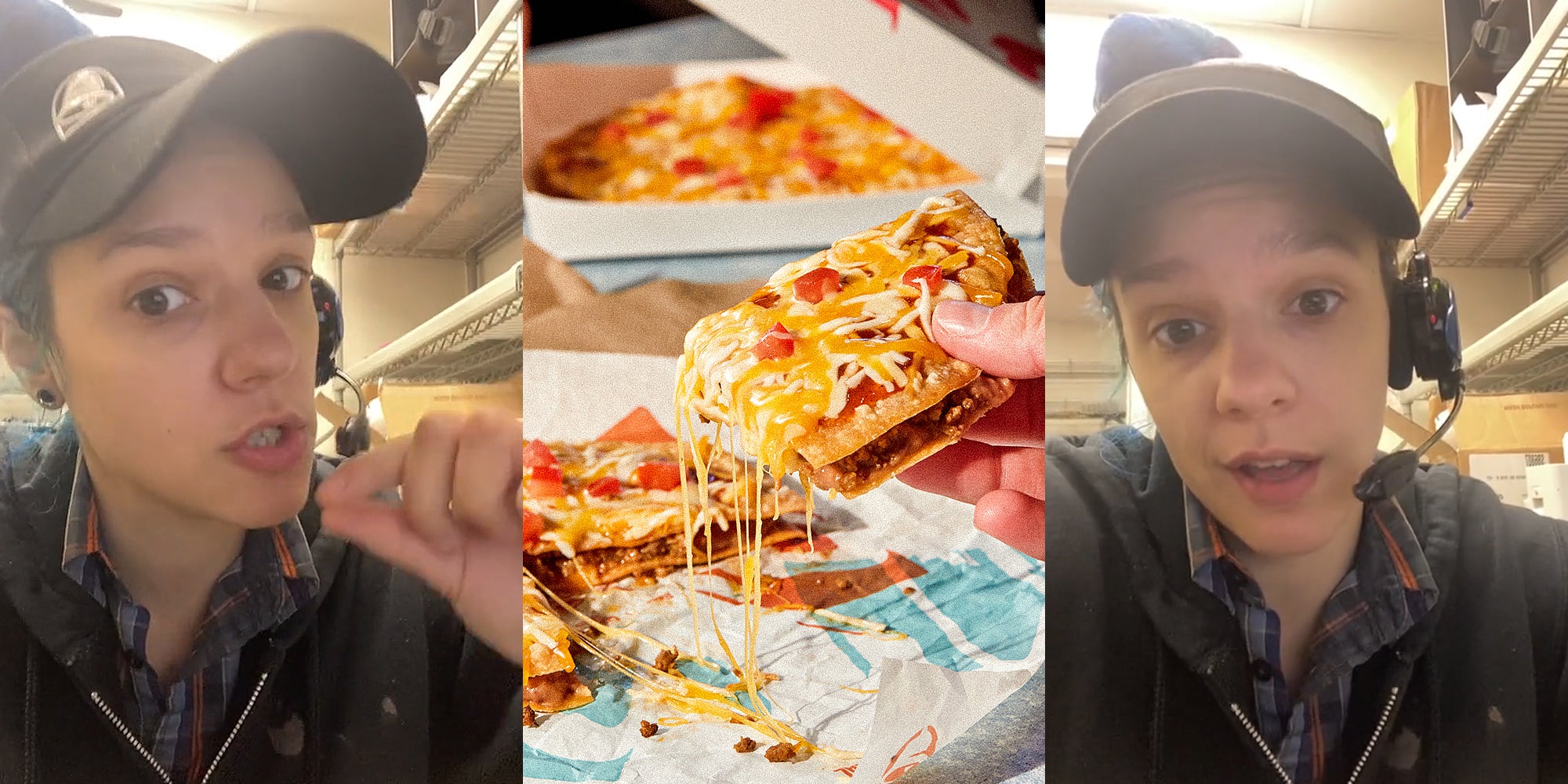 Taco Bell employee speaking with fingers pinched together (l) Taco Bell Mexican Pizza slice in hand (c) Taco Bell employee speaking (r)