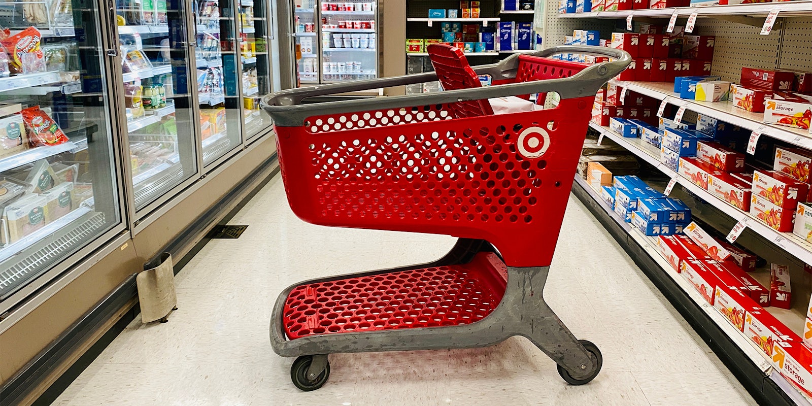 Red Target store shopping cart inside the aisles.