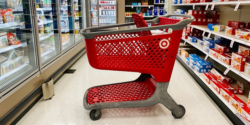 Red Target store shopping cart inside the aisles.