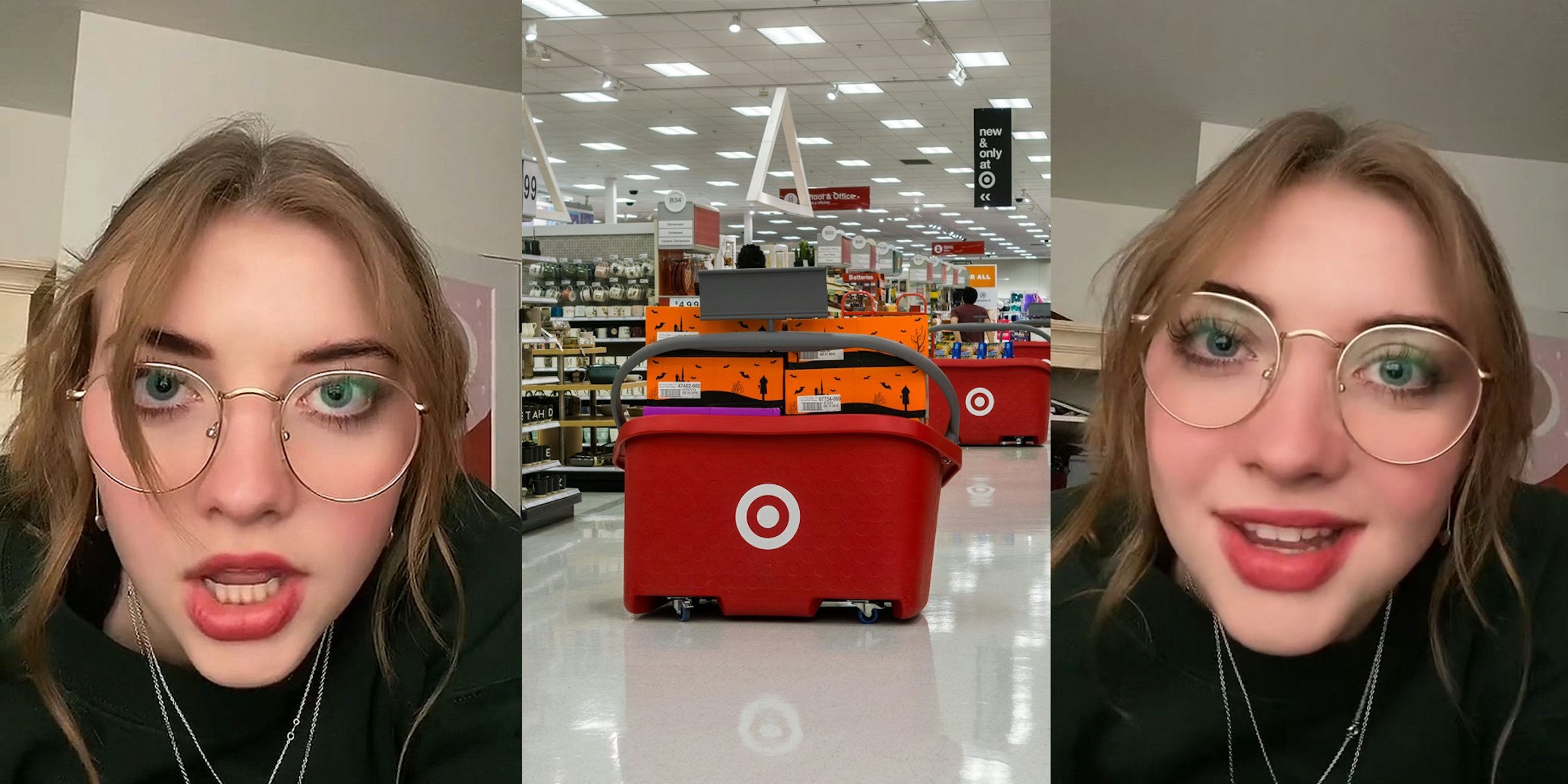 woman speaking in front of white walls (l) Target store interior (c) woman speaking in front of white walls (r)