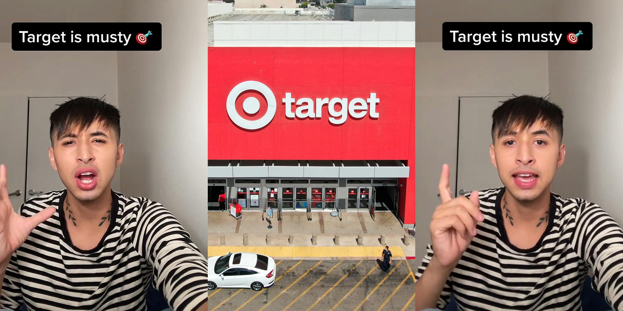 Man speaking in front of white walls with hand up caption "Target is musty" (l) Target store with sign and parking lot (c) man speaking in front of white walls with finger up caption "Target is musty" (r)