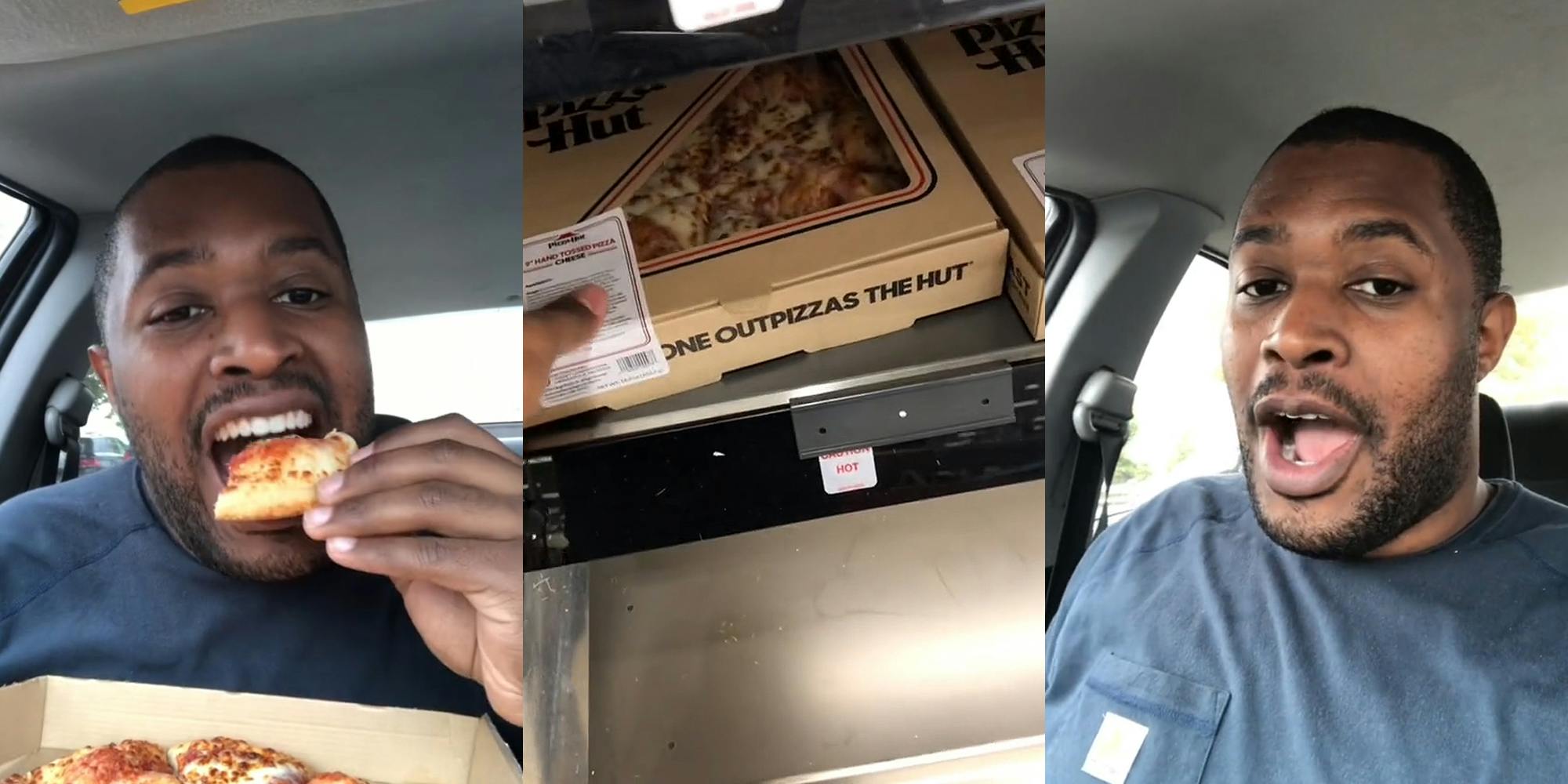 man sitting in car taking bite out of pizza with pizza box in front (l) man grabbing Pizza Hut personal pizza from Target (c) Man speaking in car (r)
