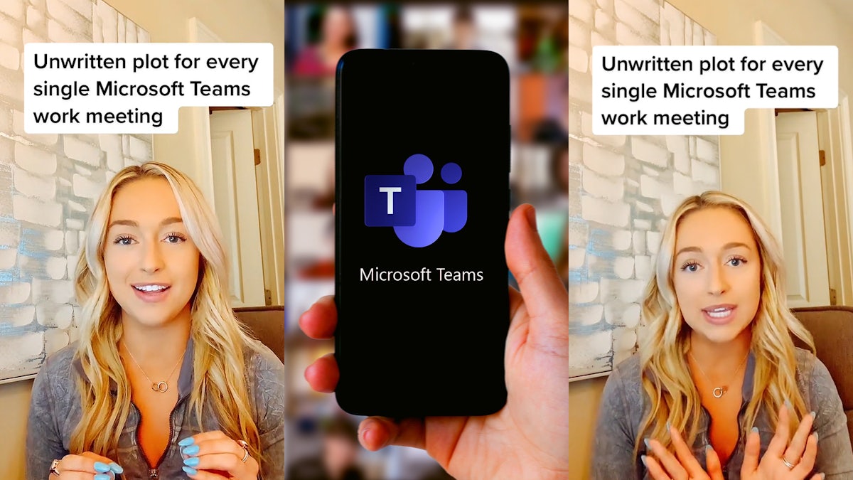 woman speaking in front of tan wall and painting caption 'Unwritten plot for every single Microsoft Teams work meeting' (l) hand holding Microsoft Teams open on smart phone in front of meeting (c) woman speaking in front of tan wall and painting caption 'Unwritten plot for every single Microsoft Teams work meeting' (r)