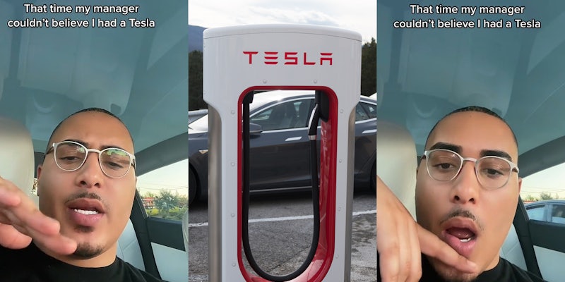 man speaking in Tesla hand out caption 'That time my manager couldn't believe I had a Tesla' (l) Tesla charging station with Tesla behind (c) man speaking in Tesla hand out caption 'That time my manager couldn't believe I had a Tesla' (r)