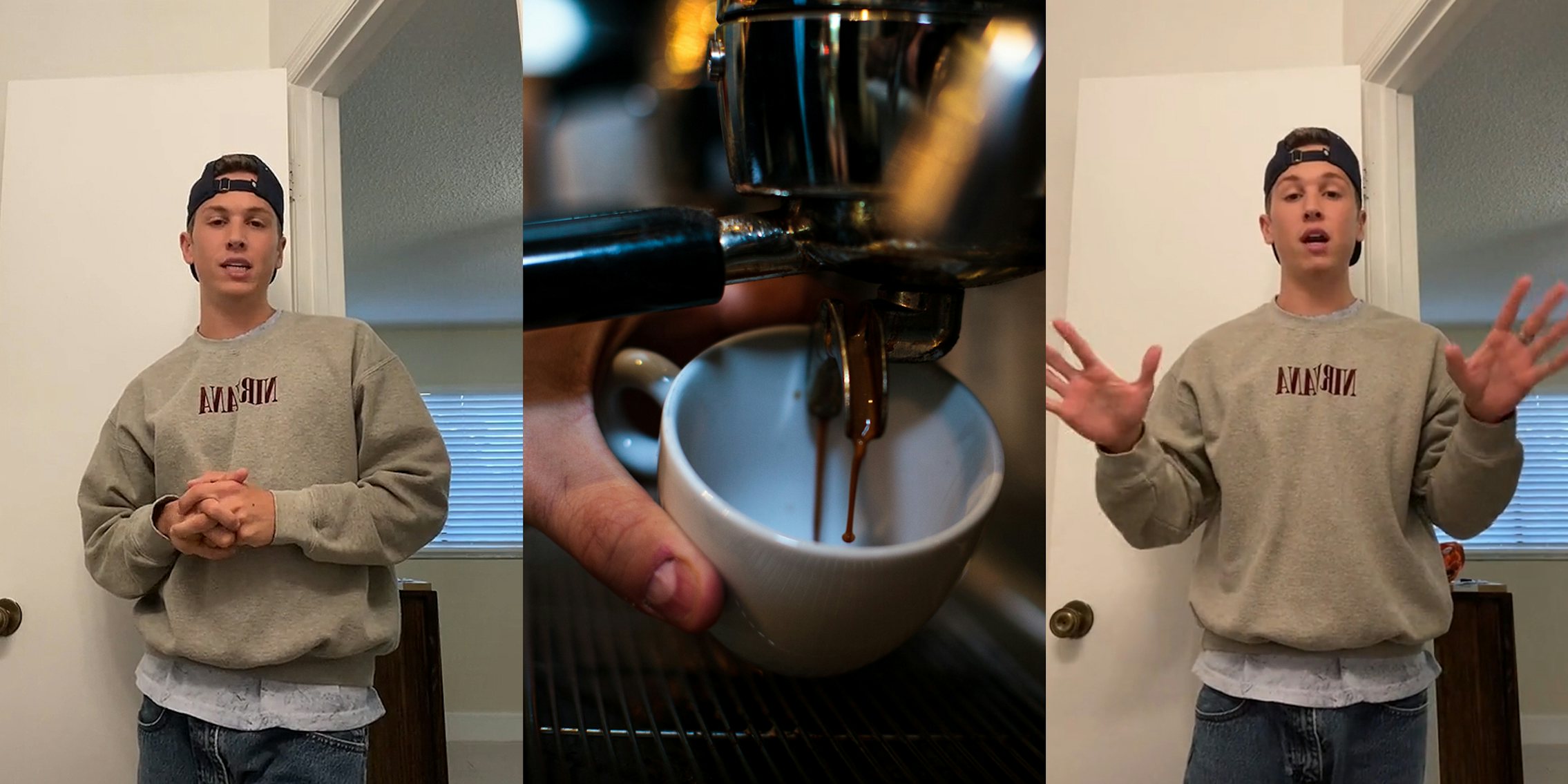 man speaking in front of open door hands together (l) Person preparing espresso with coffee machine (c) man speaking in front of open door arms out (r)