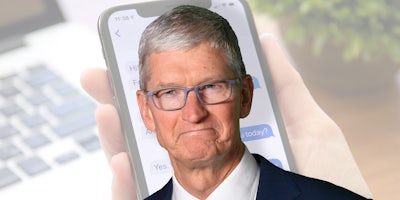 Tim Cook over hand holding phone with iMessage display