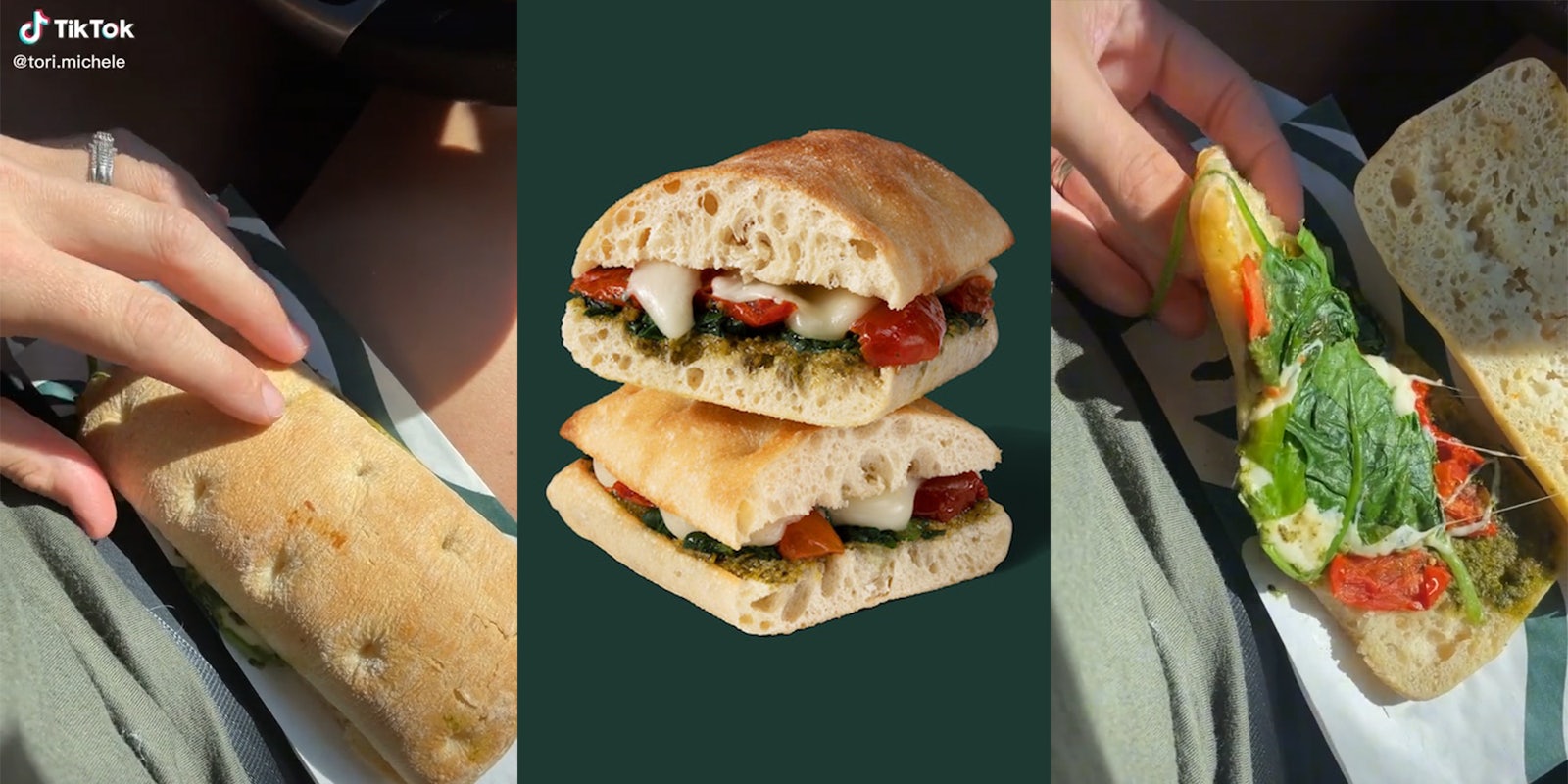 woman holding sandwich in lap (l) starbucks tomato and mozzarella (c) woman holding sandwich open (r)
