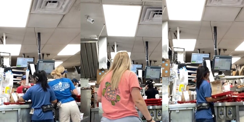Sonic employees in back working (l) Sonic employees working in back, stranger in pink shirt walking in (c) Sonic employees working in back (r)