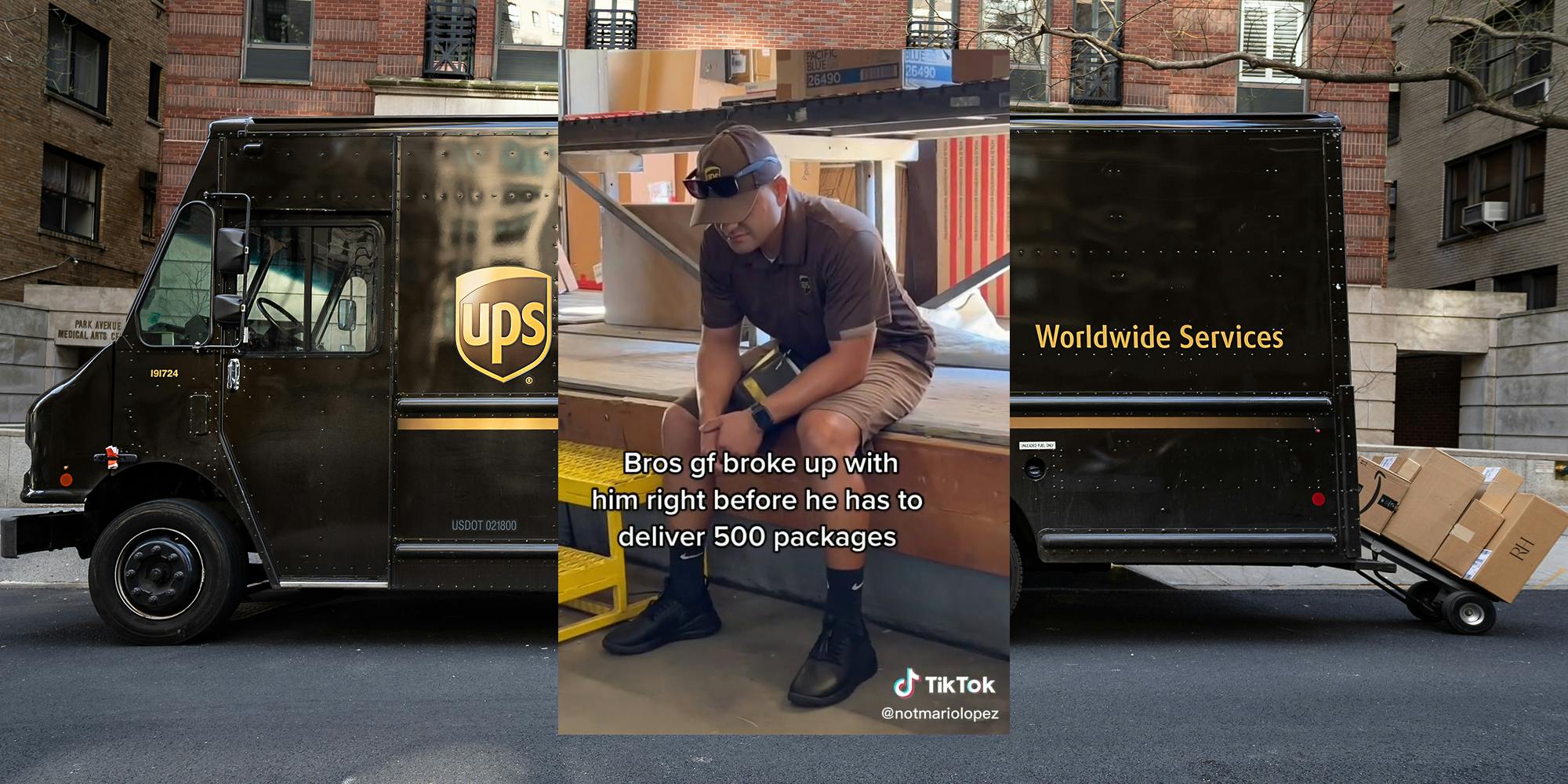 UPS truck (background) UPS employee sitting with caption "bros gf broke up with him right before he has to deliver 500 packages" (inset)