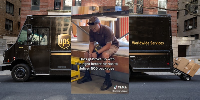 UPS truck (background) UPS employee sitting with caption 'bros gf broke up with him right before he has to deliver 500 packages' (inset)