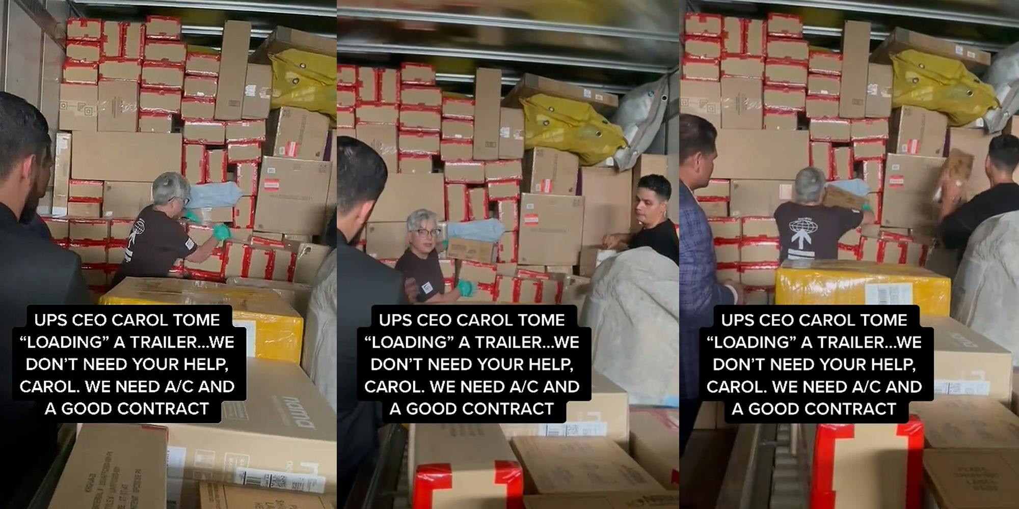 UPS workers loading trailer with CEO caption "UPS CEO CAROL TOME "LOADING" A TRAILER... WE DON'T NEED YOUR HELP, CAROL. WE NEED A/C AND A GOOD CONTRACT" (l) UPS workers loading trailer with CEO caption "UPS CEO CAROL TOME "LOADING" A TRAILER... WE DON'T NEED YOUR HELP, CAROL. WE NEED A/C AND A GOOD CONTRACT" (c) UPS workers loading trailer with CEO caption "UPS CEO CAROL TOME "LOADING" A TRAILER... WE DON'T NEED YOUR HELP, CAROL. WE NEED A/C AND A GOOD CONTRACT" (r)
