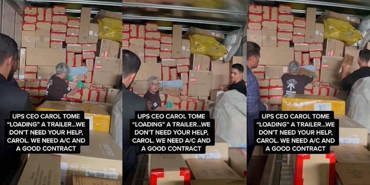UPS workers loading trailer with CEO caption 'UPS CEO CAROL TOME 'LOADING' A TRAILER... WE DON'T NEED YOUR HELP, CAROL. WE NEED A/C AND A GOOD CONTRACT' (l) UPS workers loading trailer with CEO caption 'UPS CEO CAROL TOME 'LOADING' A TRAILER... WE DON'T NEED YOUR HELP, CAROL. WE NEED A/C AND A GOOD CONTRACT' (c) UPS workers loading trailer with CEO caption 'UPS CEO CAROL TOME 'LOADING' A TRAILER... WE DON'T NEED YOUR HELP, CAROL. WE NEED A/C AND A GOOD CONTRACT' (r)