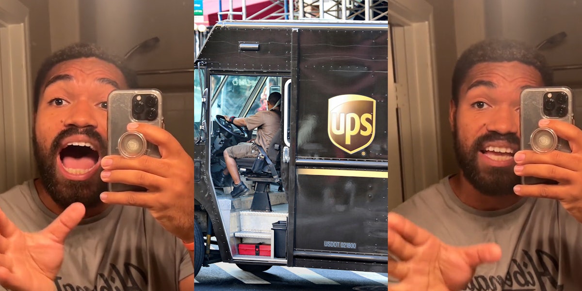 man speaking in mirror hand out (l) UPS driver driving UPS truck (c) Man speaking in mirror hand out (r)