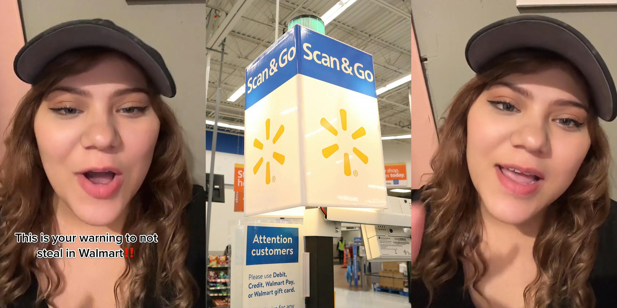 woman speaking in front of tan wall caption 'This is your warning to not steal in Walmart' (l) Walmart 'Scan & Go' station (c) woman speaking in front of tan wall (r)