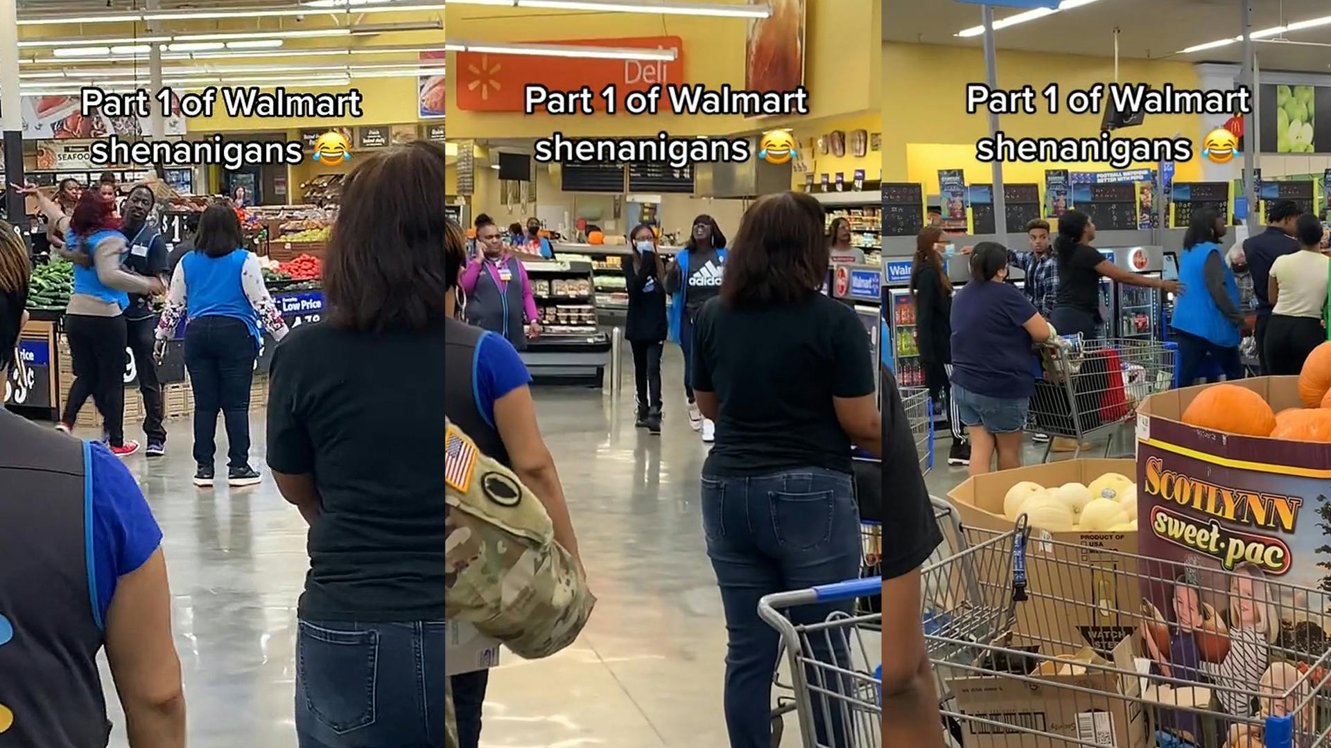 Walmart employees escorting yelling employee out of store caption "Part 1 of Walmart shenanigans" (l) Walmart employees escorting other yelling employee out of store caption "Part 1 of Walmart shenanigans" (c) Walmart employees escorting yelling employee through checkout out of store caption "Part 1 of Walmart shenanigans" (r)