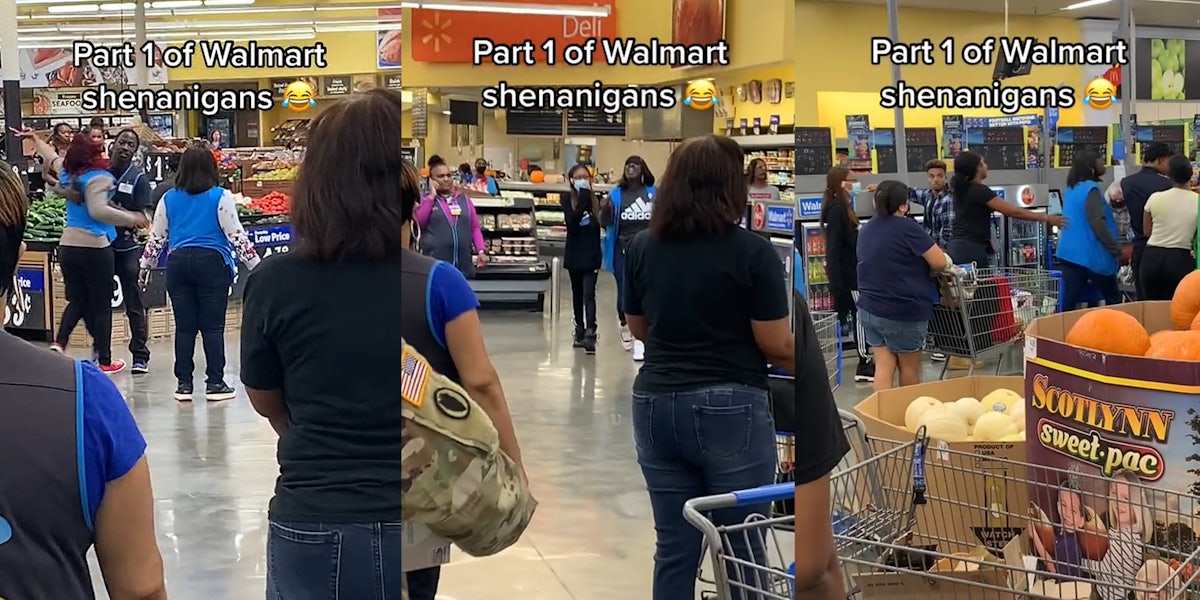Walmart employees escorting yelling employee out of store caption 'Part 1 of Walmart shenanigans' (l) Walmart employees escorting other yelling employee out of store caption 'Part 1 of Walmart shenanigans' (c) Walmart employees escorting yelling employee through checkout out of store caption 'Part 1 of Walmart shenanigans' (r)