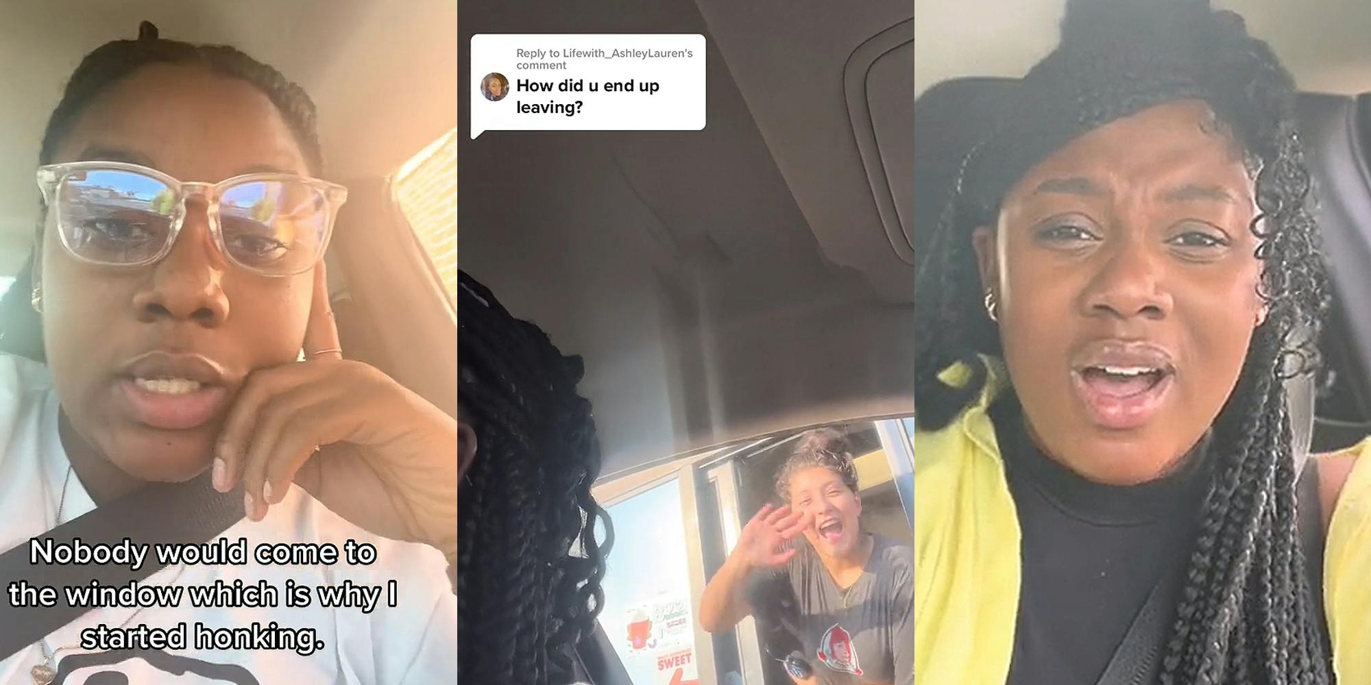 woman speaking in car hand on cheek caption "Nobody would come to the window which is why I started honking." (l) Wendy's worker smiling and waving through window as woman in car is speaking to police (c) woman speaking in car (r)