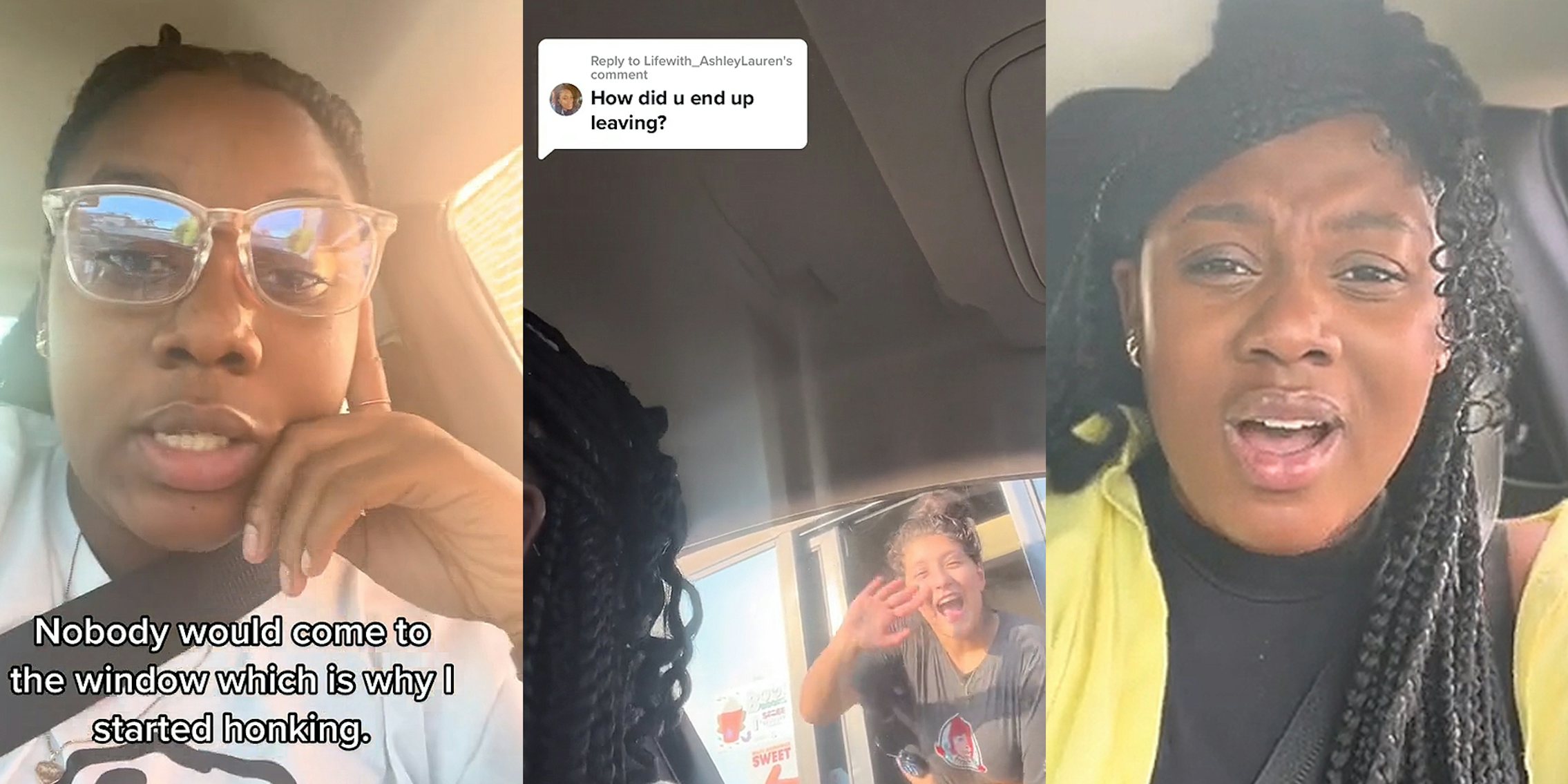 woman speaking in car hand on cheek caption 'Nobody would come to the window which is why I started honking.' (l) Wendy's worker smiling and waving through window as woman in car is speaking to police (c) woman speaking in car (r)