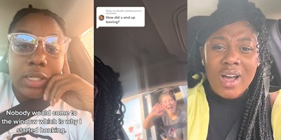 woman speaking in car hand on cheek caption 'Nobody would come to the window which is why I started honking.' (l) Wendy's worker smiling and waving through window as woman in car is speaking to police (c) woman speaking in car (r)