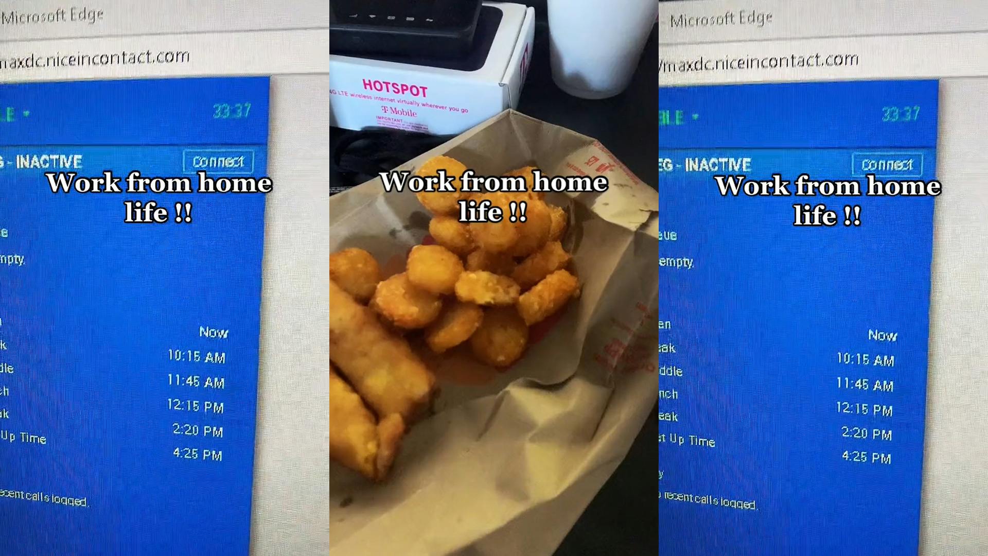 computer screen " Now 10:15 AM 11:45 AM 12:15 PM 2:20 PM 4:25 PM" caption "Work from home life!!" (l) fast food sitting on bag on desk caption "Work from home life!!" (c) computer screen " Now 10:15 AM 11:45 AM 12:15 PM 2:20 PM 4:25 PM" caption "Work from home life!!" (r)