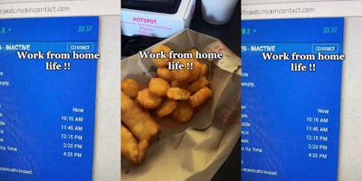 computer screen ' Now 10:15 AM 11:45 AM 12:15 PM 2:20 PM 4:25 PM' caption 'Work from home life!!' (l) fast food sitting on bag on desk caption 'Work from home life!!' (c) computer screen ' Now 10:15 AM 11:45 AM 12:15 PM 2:20 PM 4:25 PM' caption 'Work from home life!!' (r)