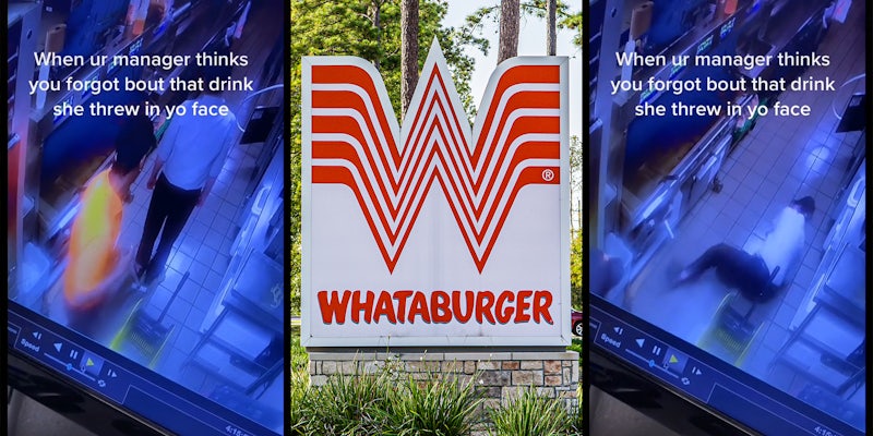 manager standing on employee's mop, as seen on a cctv monitor (l) whataburger sign (c) manager on ground, as seen on a cctv monitor (r)