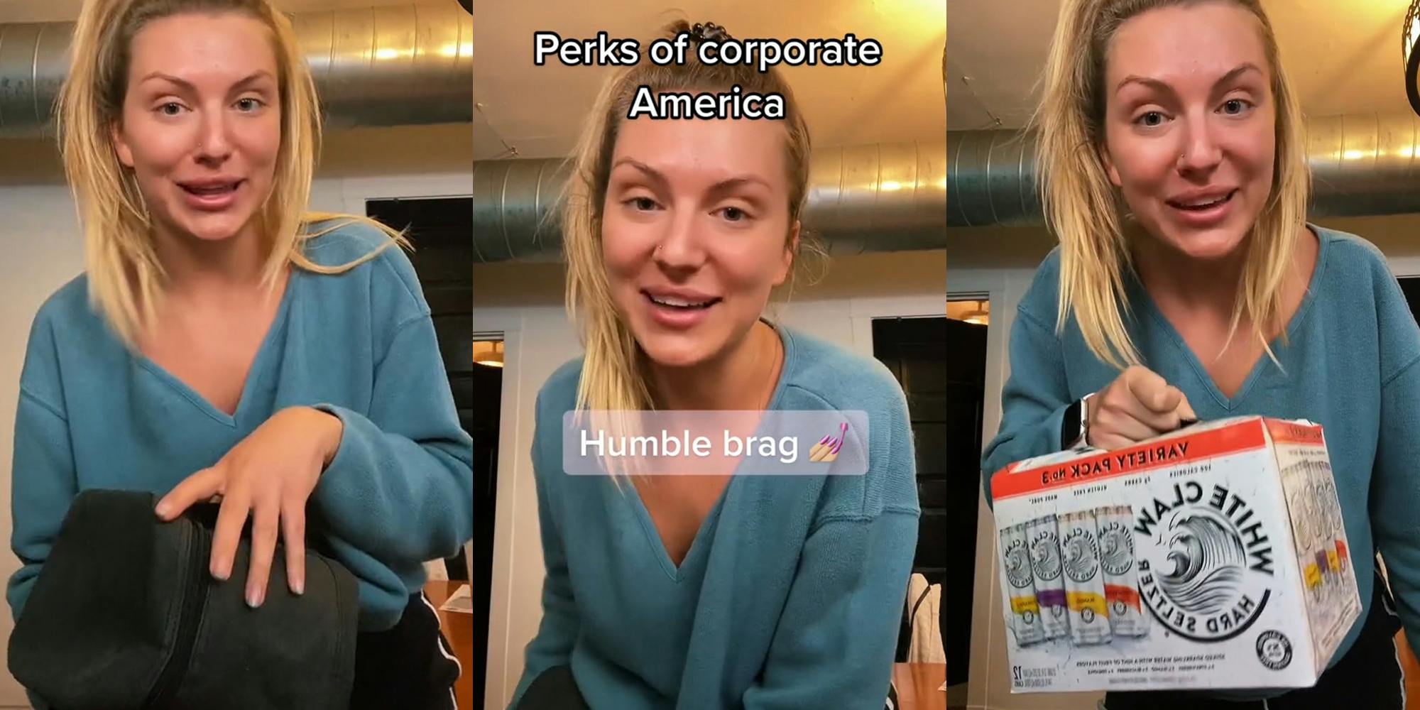 woman speaking standing holding dark grey bag/case (l) woman standing speaking caption "Perks of corporate America" "Humble brag" (c) woman standing speaking holding case of White Claws (r)