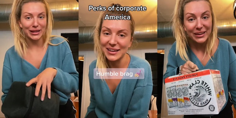 woman speaking standing holding dark grey bag/case (l) woman standing speaking caption 'Perks of corporate America' 'Humble brag' (c) woman standing speaking holding case of White Claws (r)