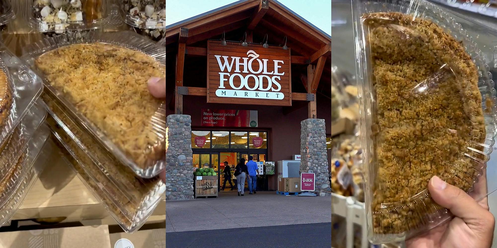person grabbing half pie serving of apple pie in clear container (l) Whole Foods Market building with sign (c) person holding up half pie serving of apple pie in clear container (r)