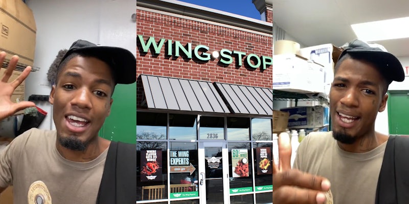 Wingstop employee speaking with hand up (l) Wing-Stop building with sign (c) Wingstop employee speaking giving thumbs up (r)