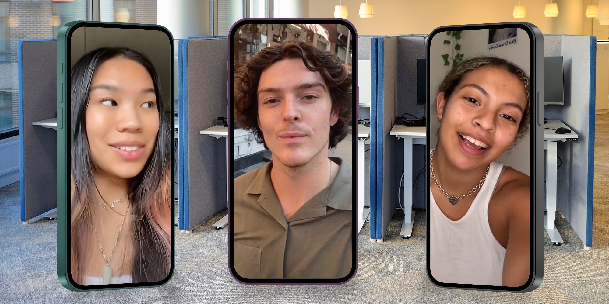 people inside phones standing in office cubicles