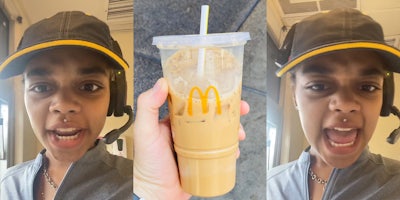 McDonald's worker speaking (l) person holding McDonald's iced coffee (c) McDonald's worker speaking (r)