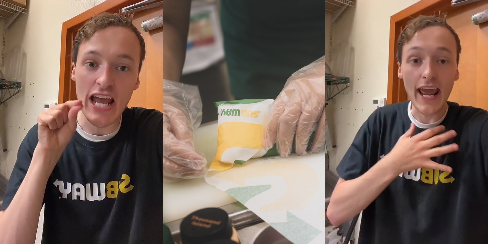 Subway employee speaking in front of white wall and wooden doorway with hand up pinched fingers together (l) Subway employee with clear gloves preparing sandwich (c) Subway employee speaking in front of white wall and doorway with hand up in front of neck (r)