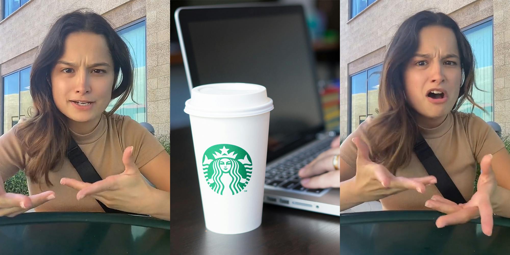 woman speaking outside at table hands up (l) Person typing on laptop next to Starbucks coffee on brown table (c) woman speaking outside at table hands out (r)