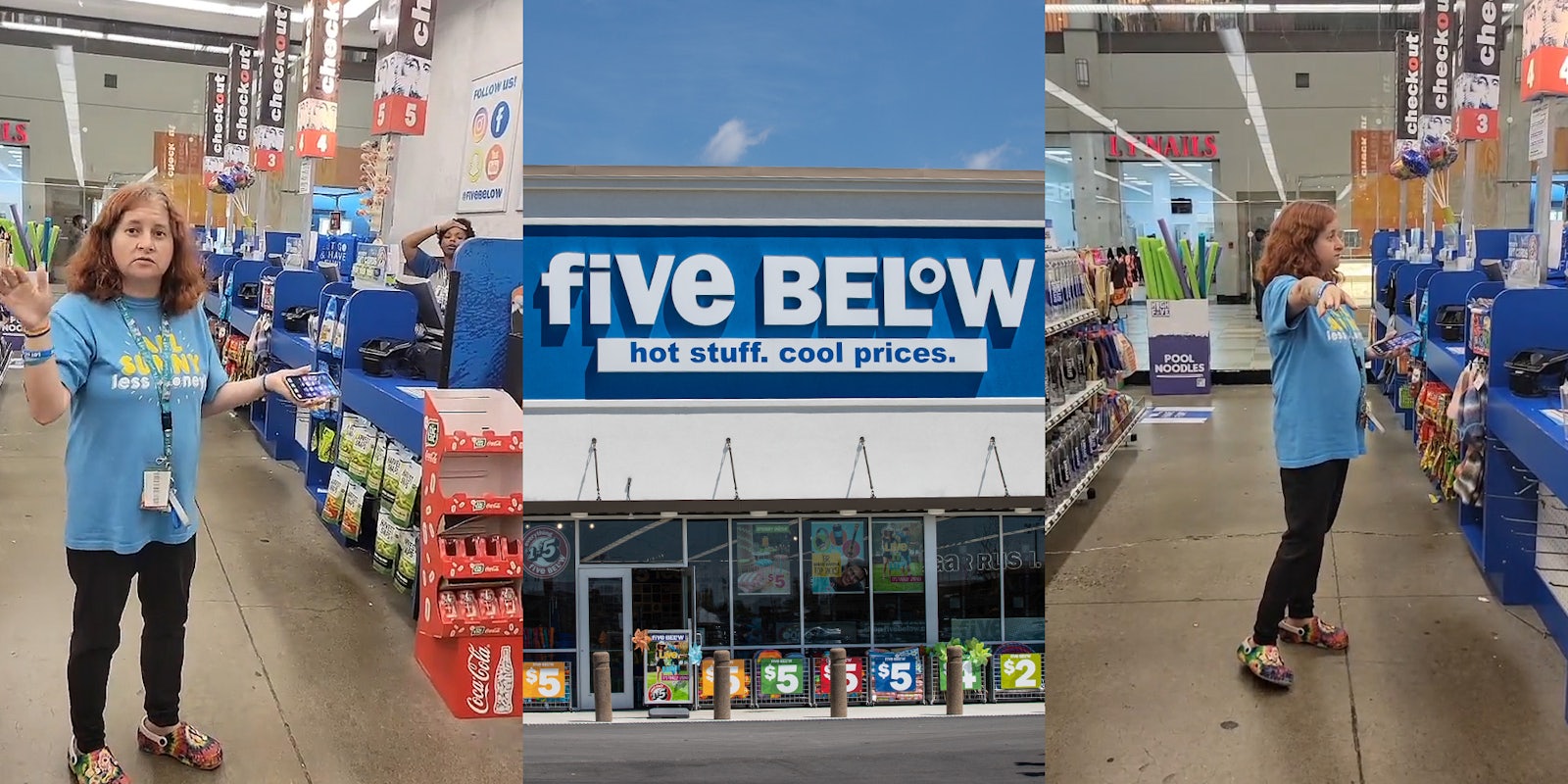 Five Below manager speaking to customer with hands out, other employee at register with hand on forehead (l) Five Below sign on building (c) Five Below manager pointing to woman in check out line while speaking to other employee (r)