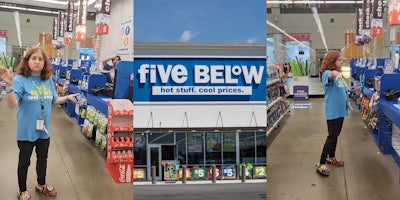 Five Below manager speaking to customer with hands out, other employee at register with hand on forehead (l) Five Below sign on building (c) Five Below manager pointing to woman in check out line while speaking to other employee (r)