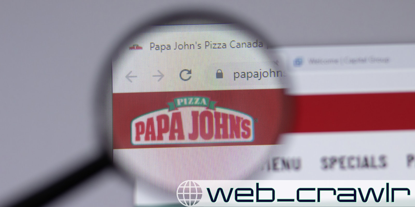 A magnifying glass hovering over the Papa John's logo on a website. The Daily Dot newsletter web_crawlr logo is in the bottom right corner.