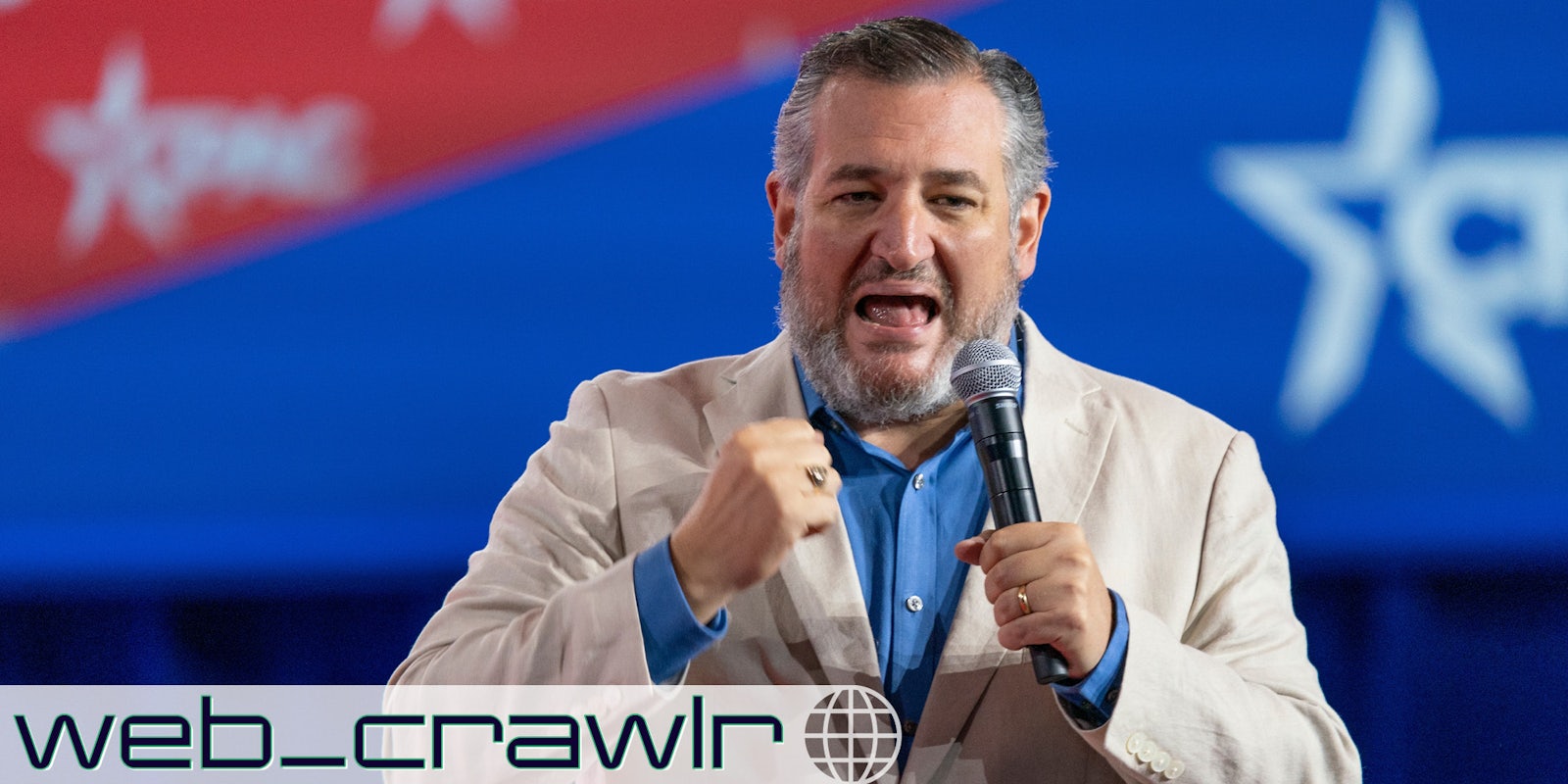 Sen. Ted Cruz yelling into a microphone. The Daily Dot newsletter web_crawlr logo is in the bottom left corner.