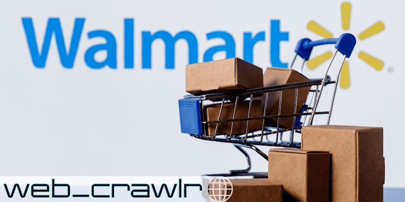 A cart filled with boxes in front of a Walmart sign. The Daily Dot newsletter web_crawlr logo is in the bottom left corner.