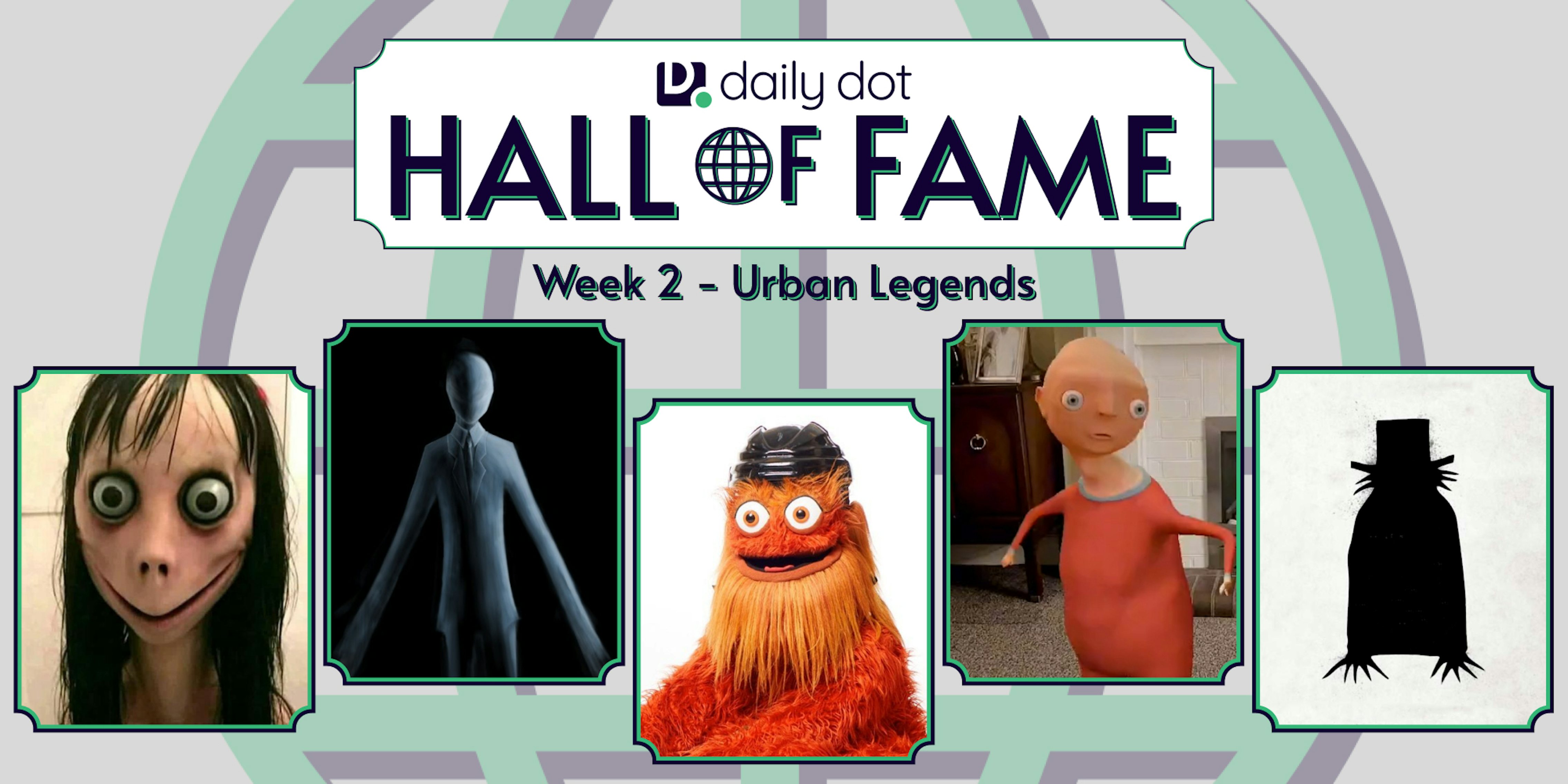 Text that says Daily Dot Hall of Fame with pictures of Momo, Slenderman, Gritty, Horace, and Babadook.