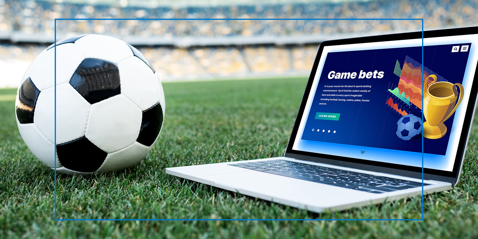 Soccer gambling site on laptop with ball