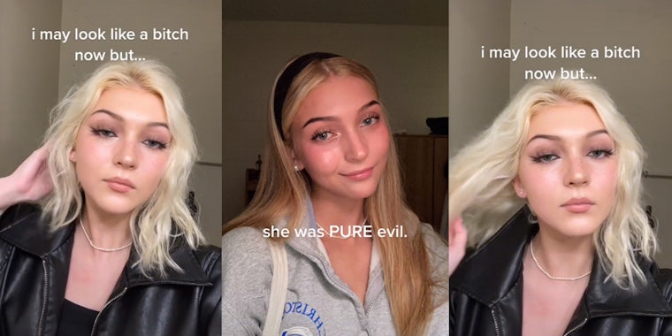 Three screenshots showing a person looking at the camera. The text overlay reads 'I know look like a bitch now but... she was PURE evil.'