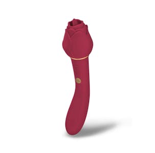 The red Rosegasm Lingo Dual-ended Vibe with a rose-shaped tip oriented vertically against a white background.