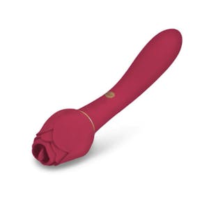 The red Rosegasm Lingo Dual-ended Vibe with a rose-shaped tip oriented horizontally against a white background.