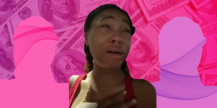 woman crying with hand on chest in front of purple to pink gradient background 100 dollar bills Passionfruit Remix