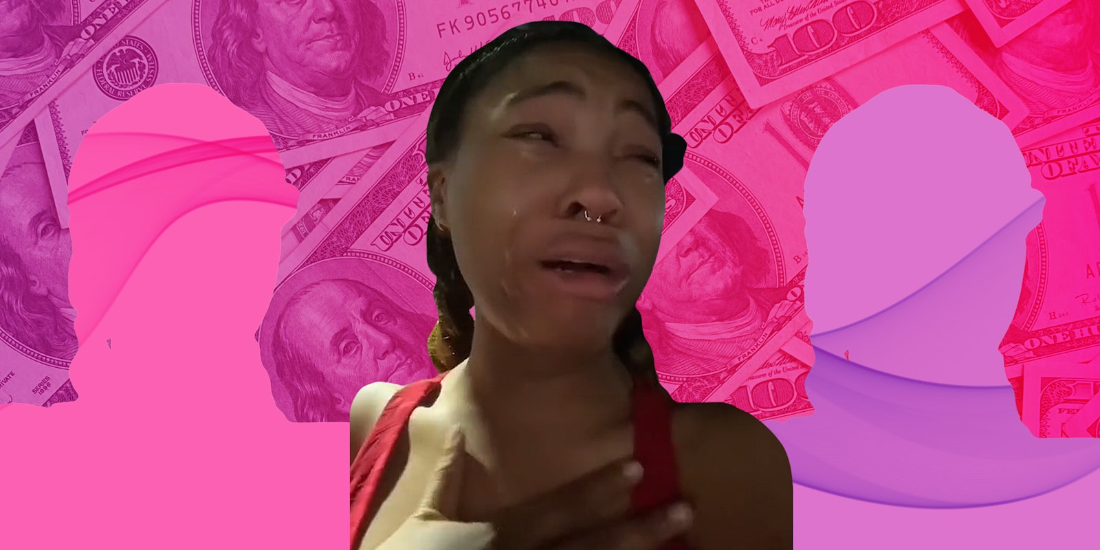 woman crying with hand on chest in front of purple to pink gradient background 100 dollar bills Passionfruit Remix