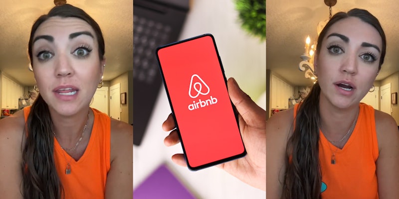 woman speaking (l) hand holding phone with airbnb on screen over blurred computer desk background (c) woman speaking (r)