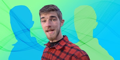 Alex Haraus in front of green to blue gradient background Passionfruit Remix