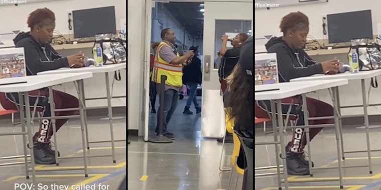 amazon worker drinks a canned margarita and smokes a cigarette in the warehouse break room, she is seen taking a few final sips before leadership takes her away